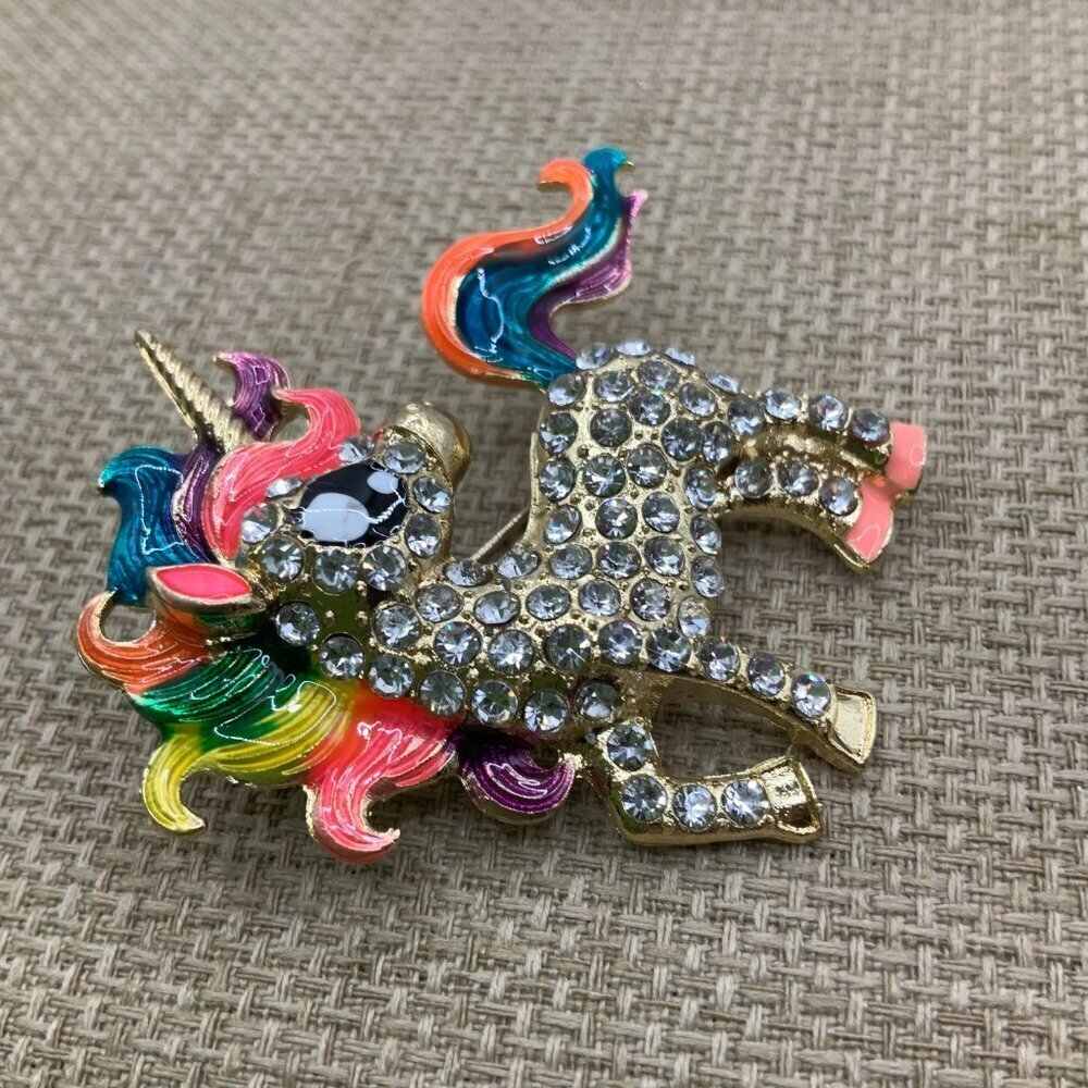 Unicorn Rainbow Enamel Rhinestone Gold Tone Brooch Pin - Picture 4 of 6